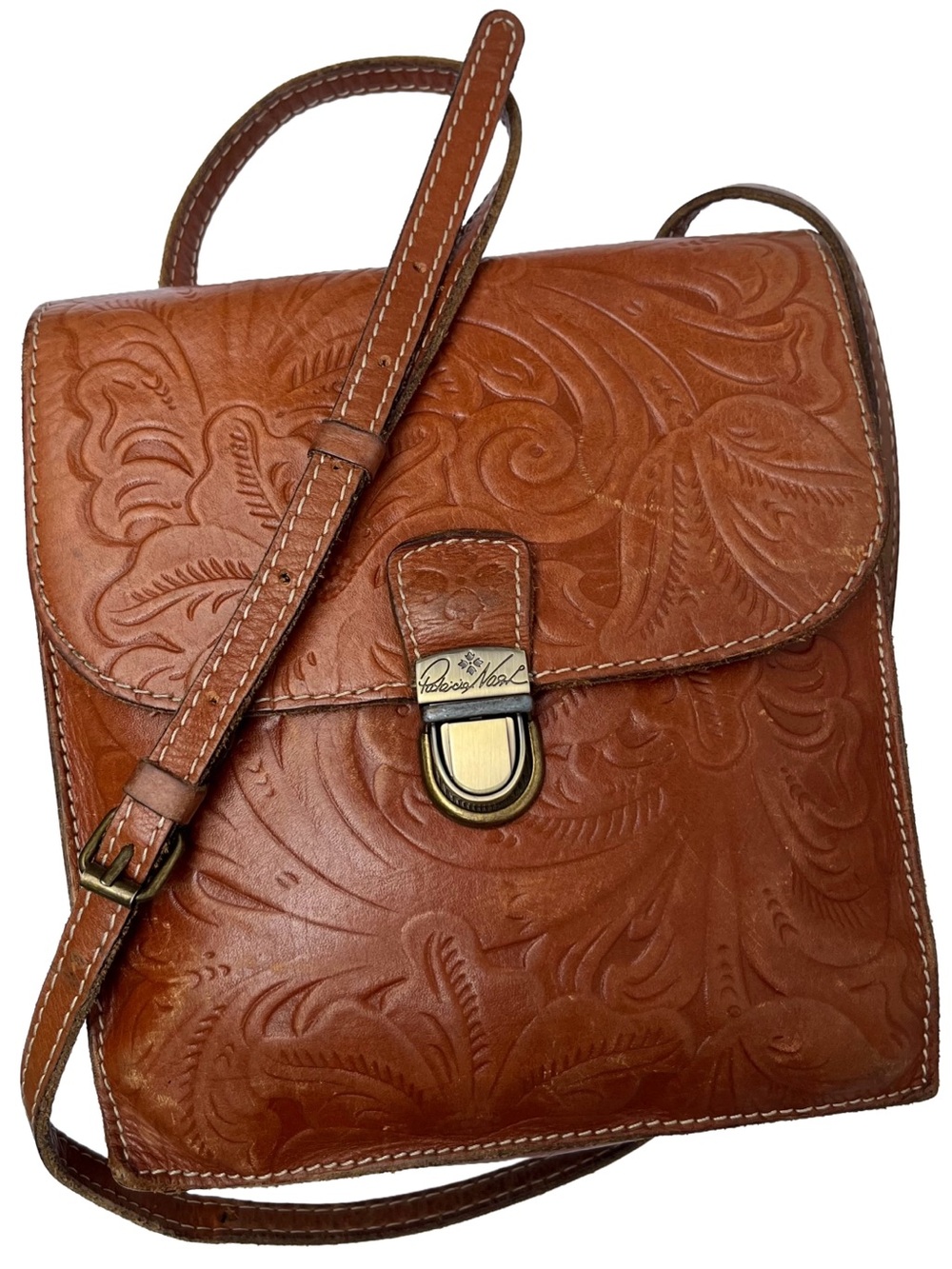 Patricia Nash Cognac Tooled Leather Crossbody Bag